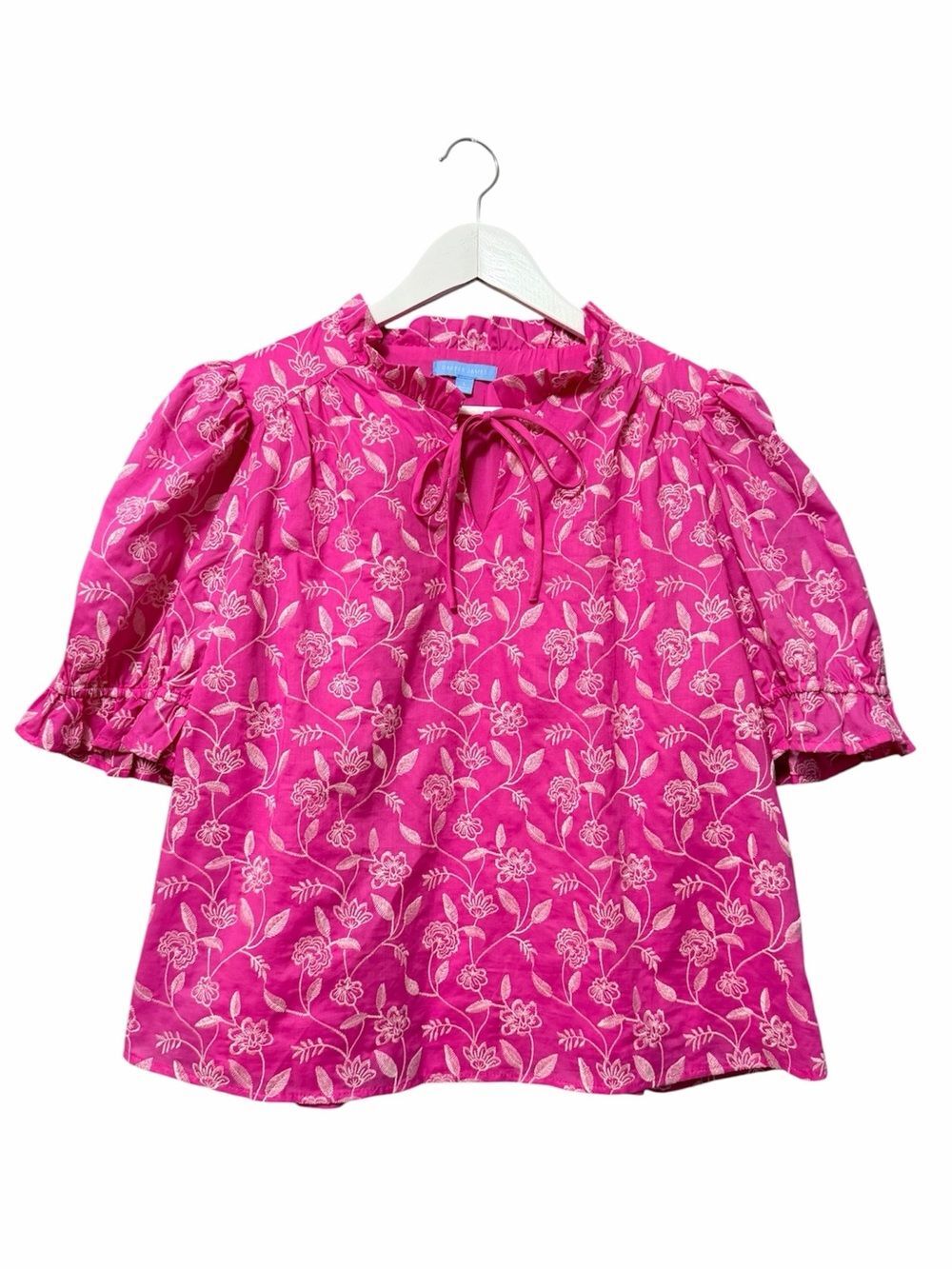 Draper James Floral Embroidered Pink Puff Sleeve Blouse Size Large Ruffles